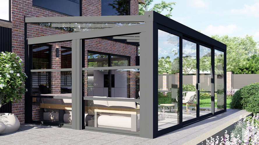 MB Guillotine Glass System by Roma Verandas - anthracite grey ral 7016 left vertical sliding window wedge right vertical sliding window wedge front sliding glass door half open