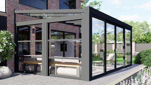 MB Guillotine Glass System by Roma Verandas - anthracite grey ral 7016 left vertical sliding window wedge right vertical sliding window wedge front sliding glass door half open