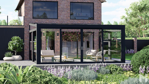 MB Guillotine Glass System by Roma Verandas - anthracite grey ral 7016 left vertical sliding window wedge right vertical sliding window wedge front sliding glass door half open