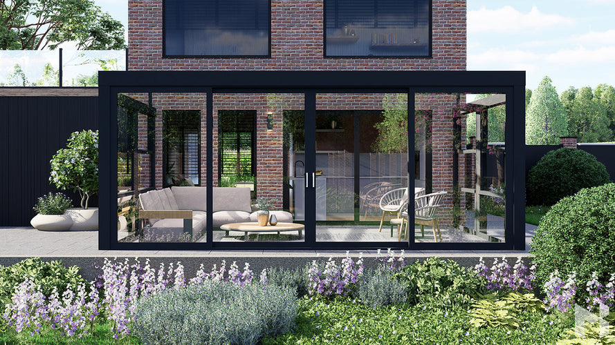 MB Guillotine Glass System by Roma Verandas - anthracite grey ral 7016 left vertical sliding window wedge right vertical sliding window wedge front sliding glass door half open