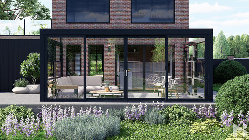 MB Guillotine Glass System by Roma Verandas - anthracite grey ral 7016 left vertical sliding window wedge right vertical sliding window wedge front sliding glass door half open
