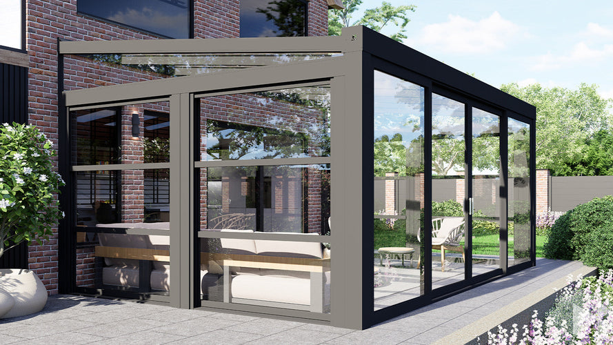 MB Guillotine Glass System by Roma Verandas - anthracite grey ral 7016 left vertical sliding window wedge right vertical sliding window wedge sliding glass door closed
