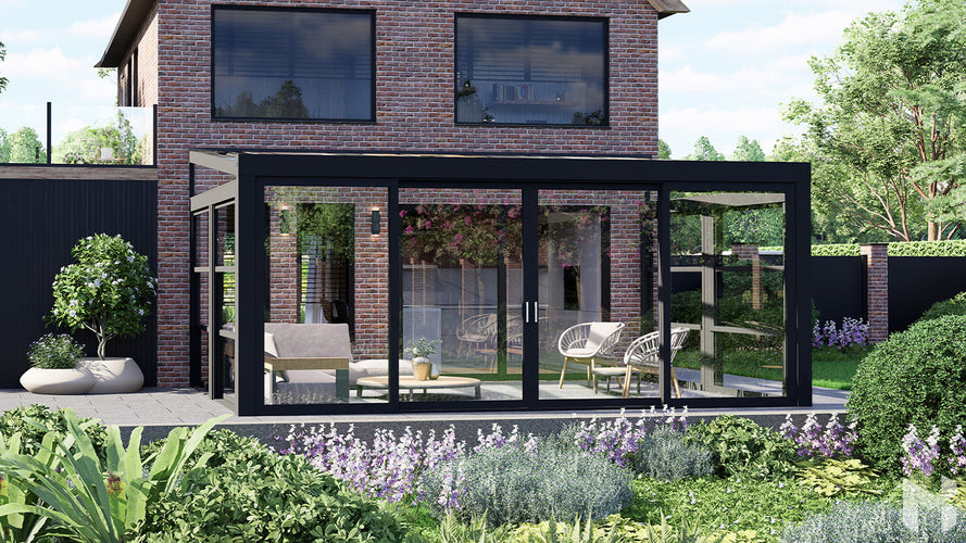 MB Guillotine Glass System by Roma Verandas - anthracite grey ral 7016 left vertical sliding window wedge right vertical sliding window wedge sliding glass door closed