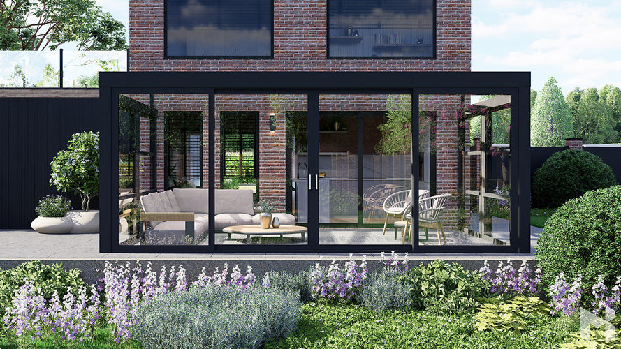 MB Guillotine Glass System by Roma Verandas - anthracite grey ral 7016 left vertical sliding window wedge right vertical sliding window wedge sliding glass door closed
