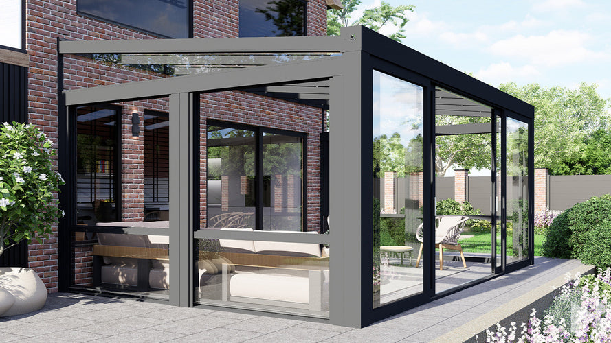MB Guillotine Glass System by Roma Verandas - anthracite grey ral 7016 left vertical sliding window wedge right vertical sliding window wedge sliding glass door open