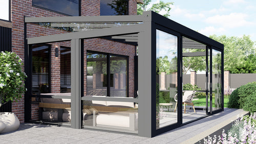 MB Guillotine Glass System by Roma Verandas - anthracite grey ral 7016 left vertical sliding window wedge right vertical sliding window wedge sliding glass door open
