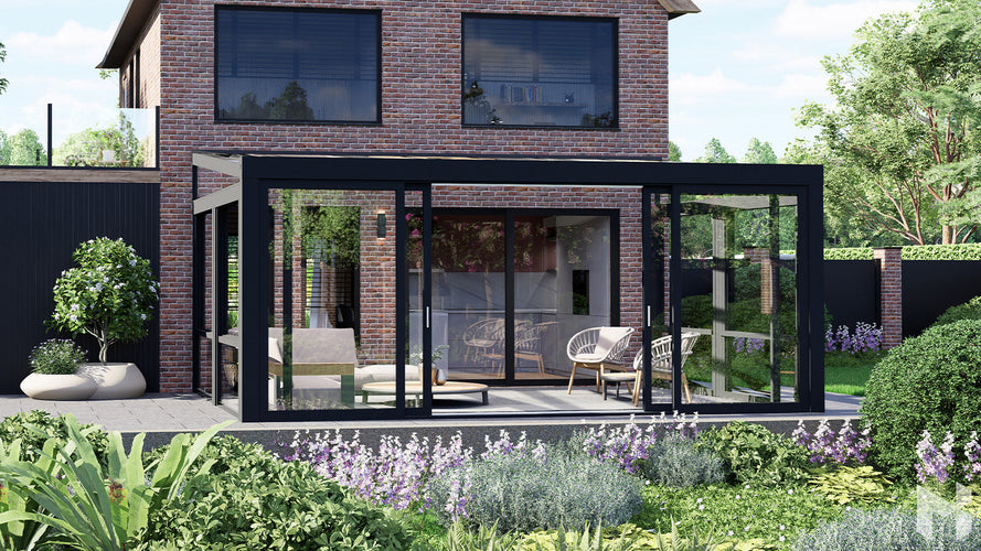 MB Guillotine Glass System by Roma Verandas - anthracite grey ral 7016 left vertical sliding window wedge right vertical sliding window wedge sliding glass door open
