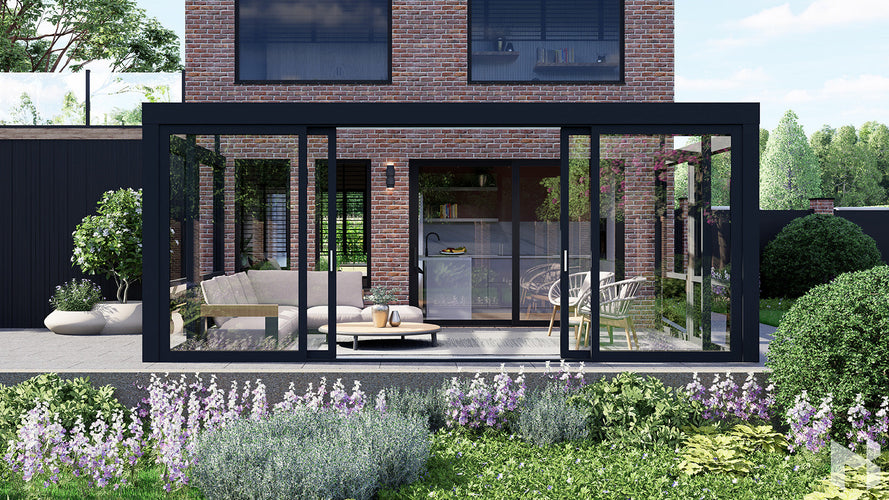 MB Guillotine Glass System by Roma Verandas - anthracite grey ral 7016 left vertical sliding window wedge right vertical sliding window wedge sliding glass door open