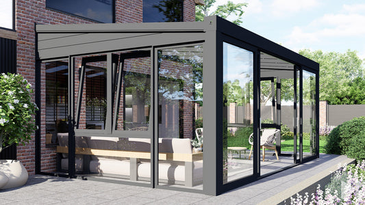 MB Wedge Gable Infill by Roma Verandas - anthracite grey ral 7016 left windows wedge right windows wedge sliding glass door