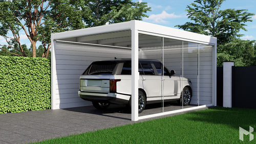 MB Carport by Roma Verandas - white ral 9016 2x aluminium fixed wall sliding glass walls
