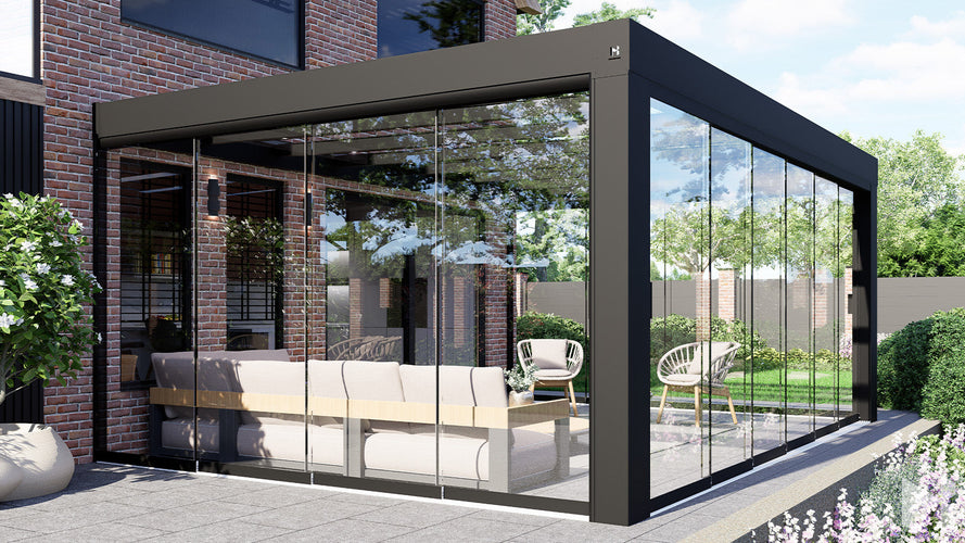 MB Sliding Doors by Roma Verandas - black leftsliding glass walls rightsliding glass walls frontsliding glass walls closed