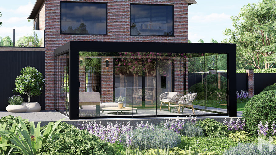 MB Sliding Doors by Roma Verandas - black leftsliding glass walls rightsliding glass walls frontsliding glass walls closed