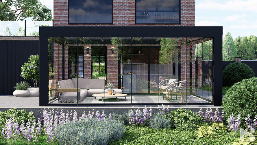 MB Sliding Doors by Roma Verandas - black leftsliding glass walls rightsliding glass walls frontsliding glass walls closed