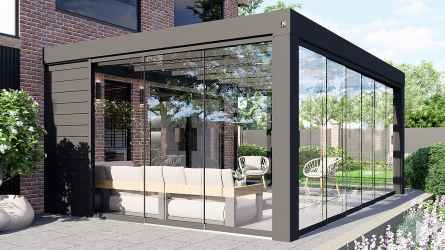 MB Sliding Doors by Roma Verandas - anthracite left solid aluminium sliding glass walls right solid glass sliding glass walls front sliding glass walls closed