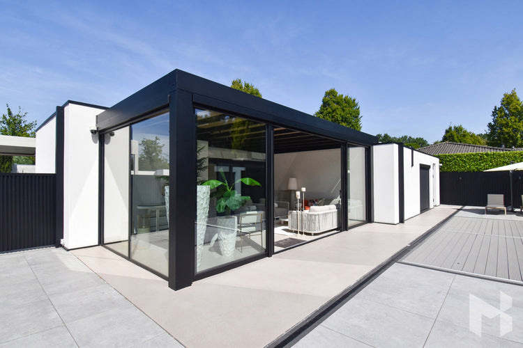MB Glass Sliding Walls by Roma Verandas - glass door black outside