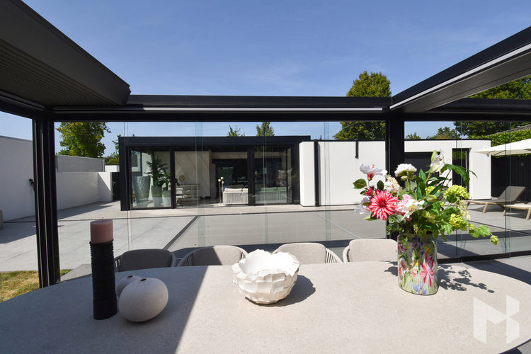 MB Advanced by Roma Verandas - garden room glass sliding glass doors louvred roof open inside