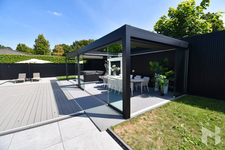 MB Advanced by Roma Verandas - garden room outside sliding glass walls louvred roof
