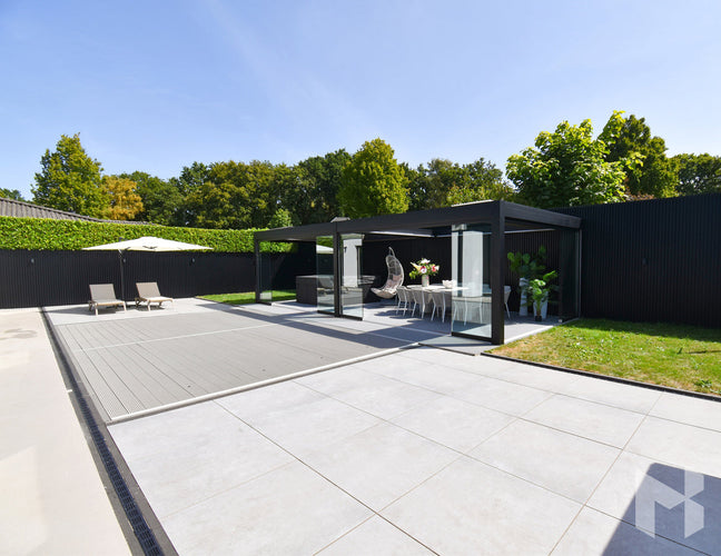 MB Advanced by Roma Verandas - garden room sliding glass walls louvred roof open outside