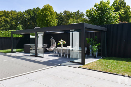 MB Sliding Doors by Roma Verandas - garden room sliding glass walls louvred roof open outside