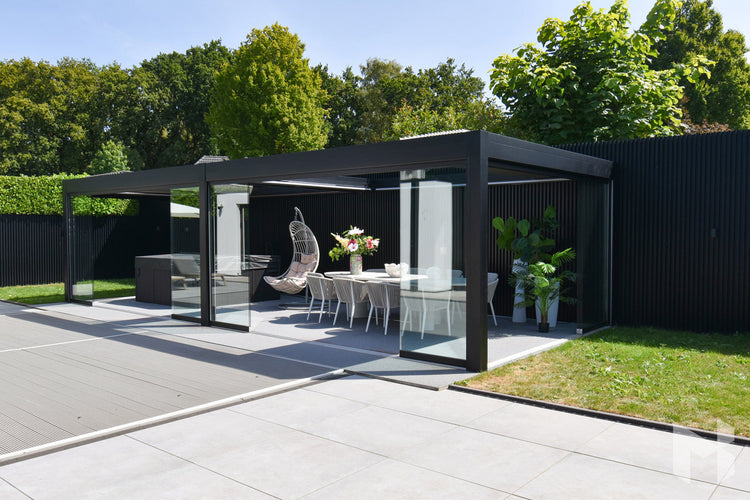 MB Advanced by Roma Verandas - garden room sliding glass walls louvred roof open outside
