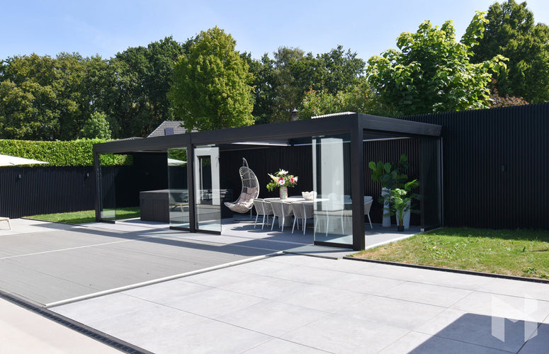 MB Advanced by Roma Verandas - garden room sliding glass walls louvred roof open outside