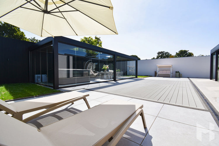 MB Advanced by Roma Verandas - garden room sliding glass walls louvred roof open outside