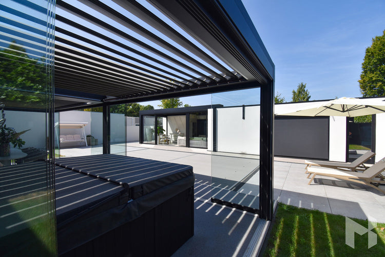 MB Advanced by Roma Verandas - garden room sliding glass walls louvred roof open outside