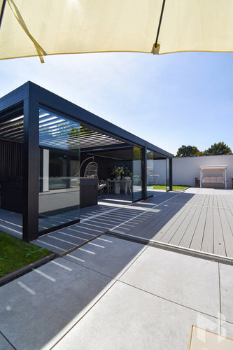 MB Sliding Doors by Roma Verandas - garden room sliding glass walls louvred roof open outside