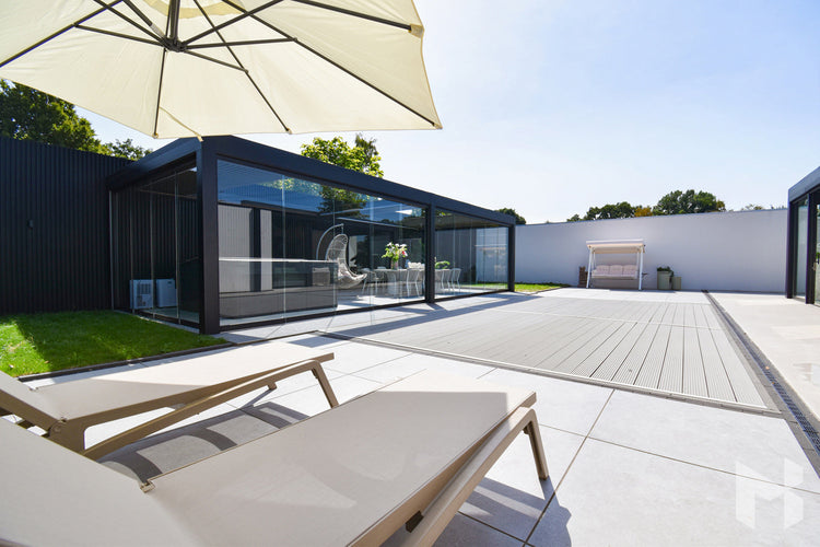 MB Advanced by Roma Verandas - garden room sliding glass walls louvred roof open outside