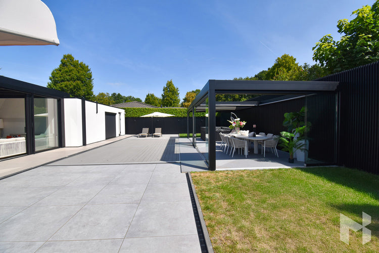 MB Advanced by Roma Verandas - garden room sliding glass walls louvred roof open outside