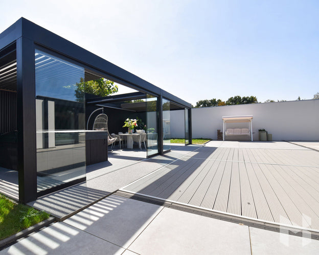 MB Advanced by Roma Verandas - garden room sliding glass walls louvred roof open outside
