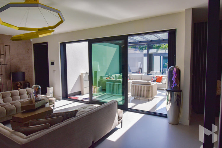 MB Glass Sliding Walls by Roma Verandas - glass sliding glass doors opened black garden room
