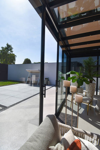 MB Veranda Sun Shading by Roma Verandas - glass sliding glass doors open