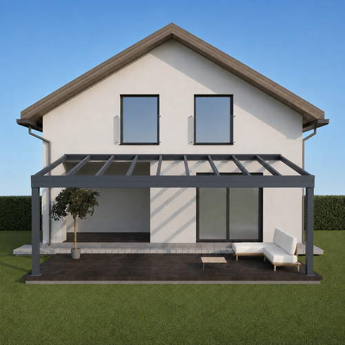 Giallo Plus glass veranda in anthracite from garden at golden hour