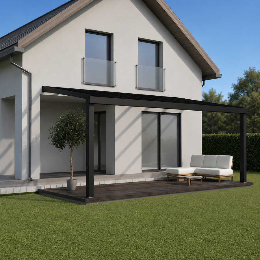 The Luxa wide-span veranda in anthracite, freestanding configuration
