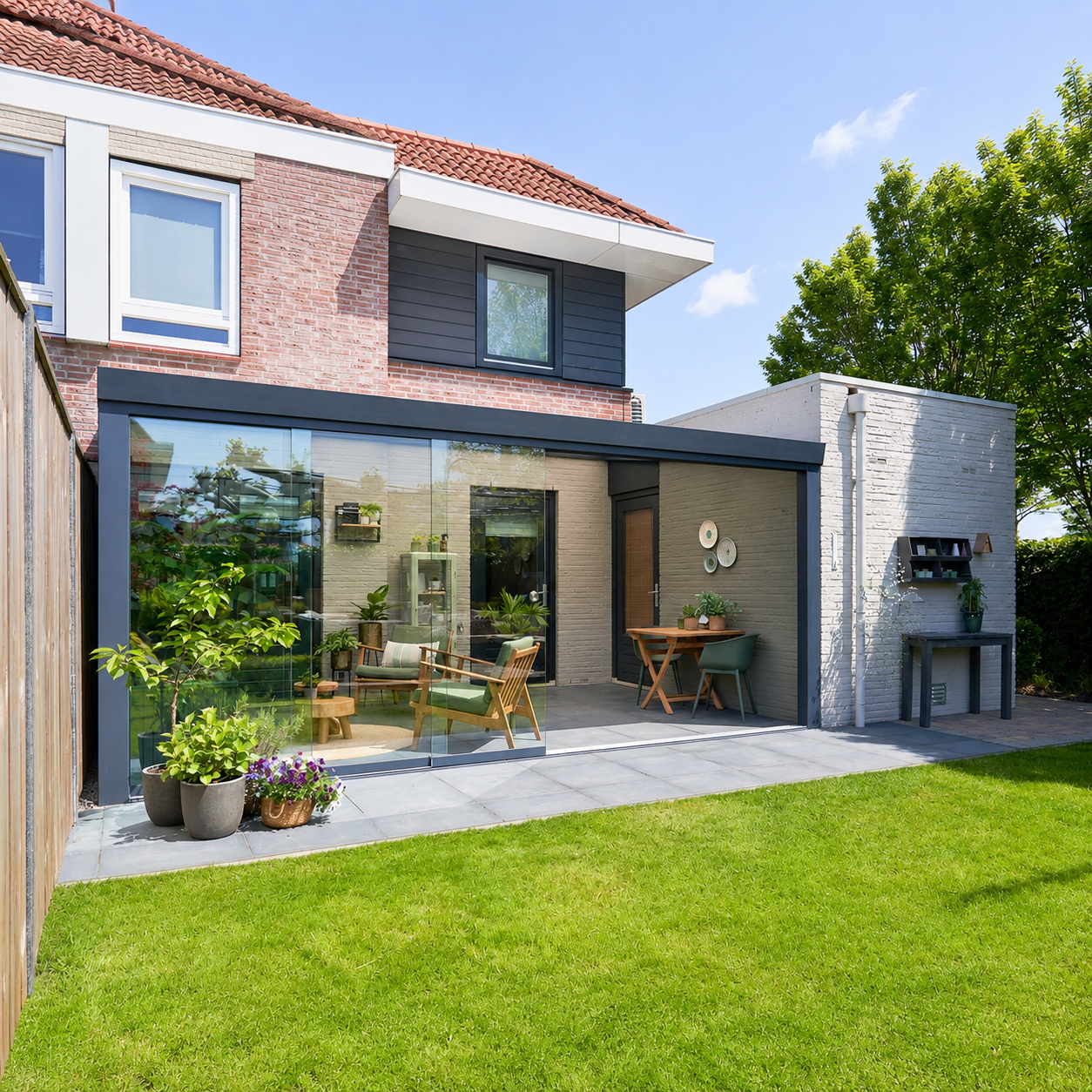 The Luxa wide-span aluminium veranda in anthracite on a contemporary home