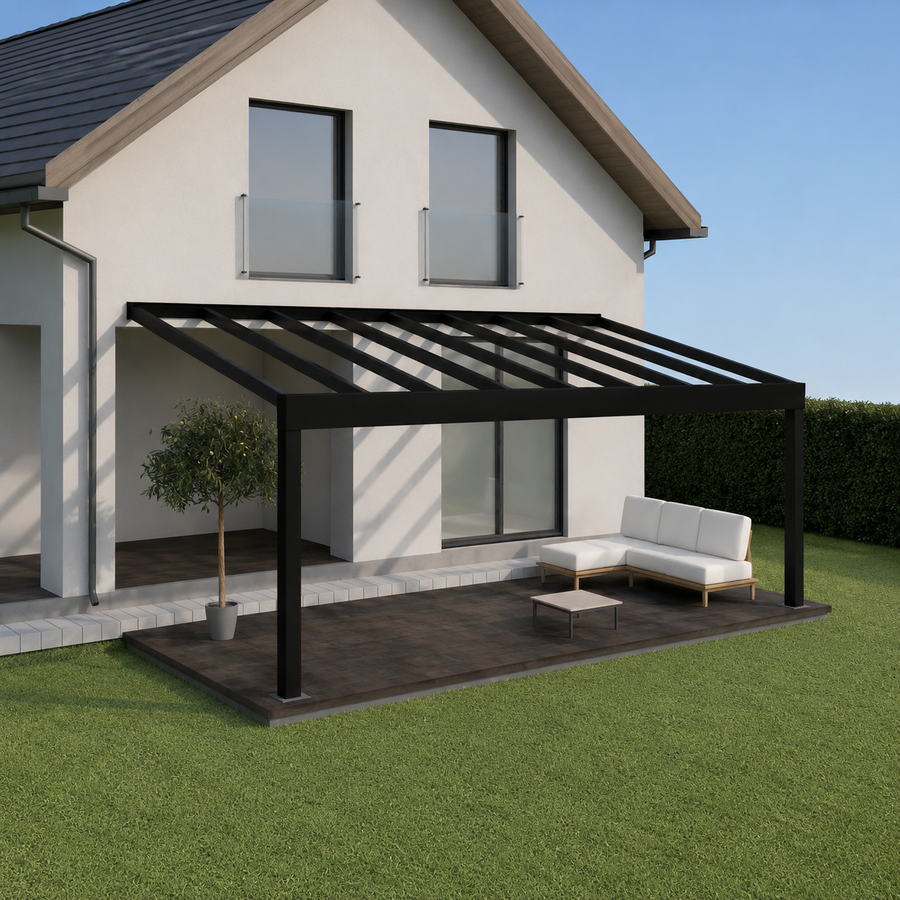 The Luxa veranda in white on a white render property, rear garden view