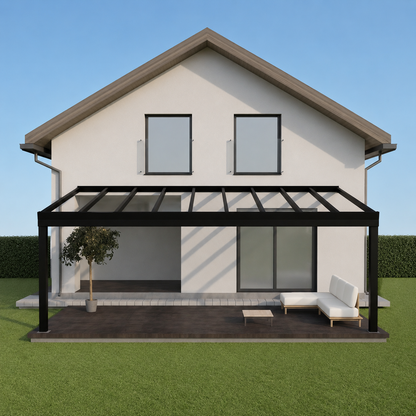 Giallo Plus glass veranda in anthracite from the side showing projection and beam depth