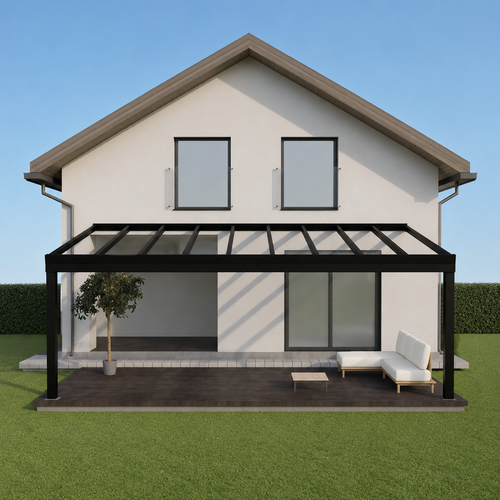 Giallo Plus glass veranda in anthracite from the side showing projection and beam depth