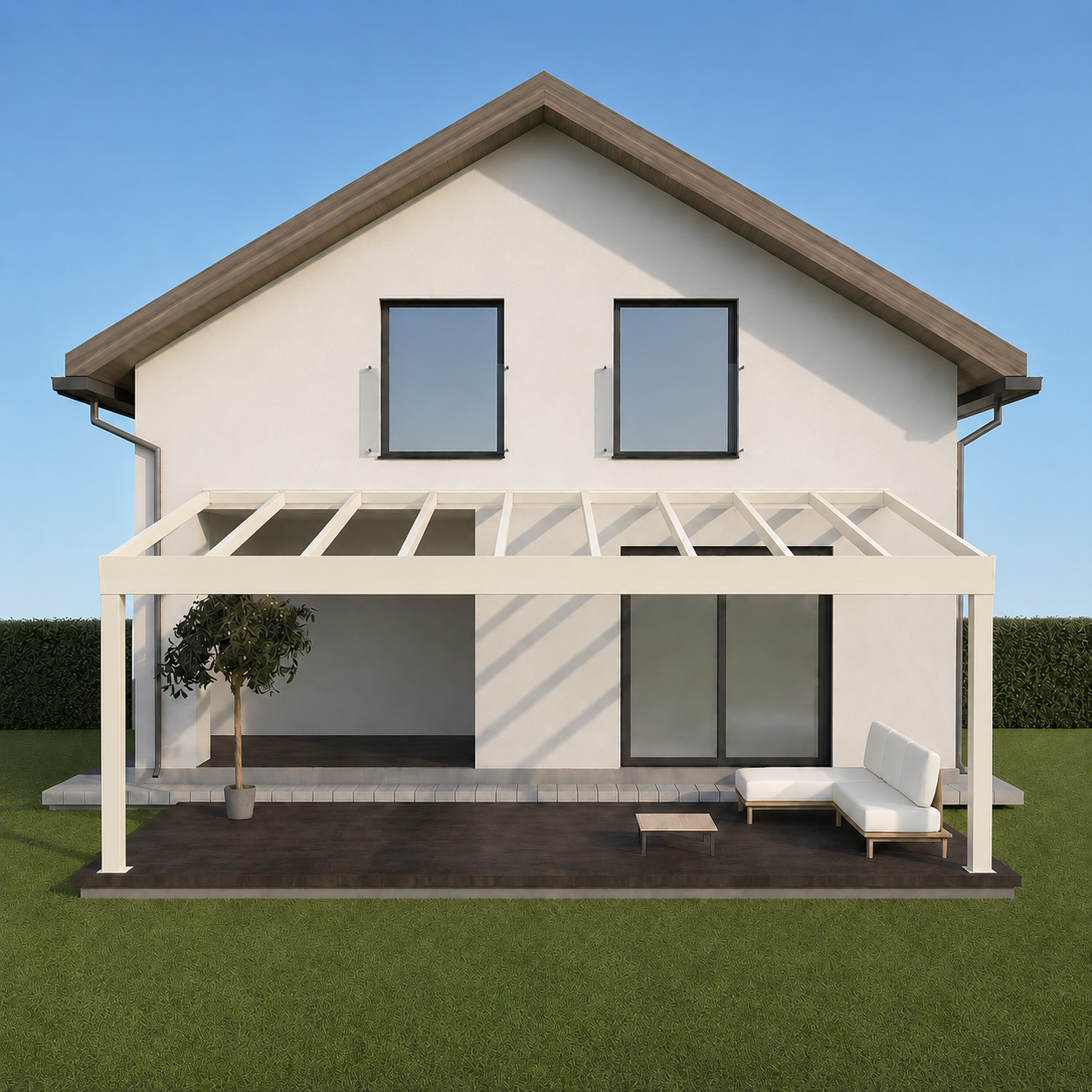 The Giallo Plus glass veranda in anthracite on a modern home with large terrace below