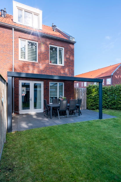 Luxa veranda in anthracite from garden corner showing span and post detail