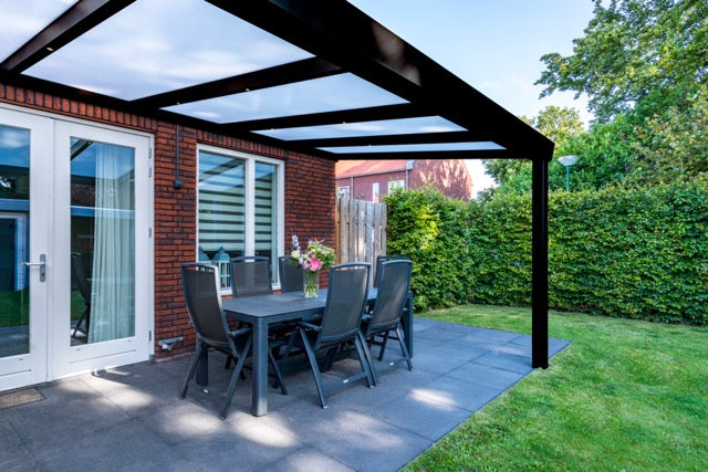The Luxa veranda in anthracite from inside looking towards the garden