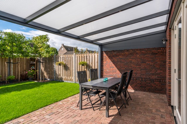 Luxa veranda in anthracite from above, polycarbonate panels visible