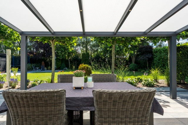 Luxa veranda in black from garden perspective, dramatic dark profile