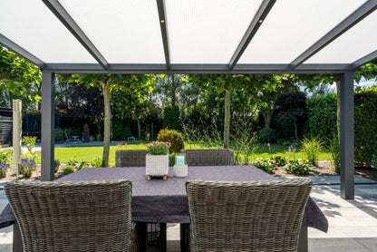 Luxa veranda in black from garden perspective, dramatic dark profile