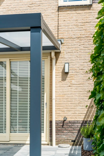 The Luxa veranda in anthracite close-up of post base and patio junction