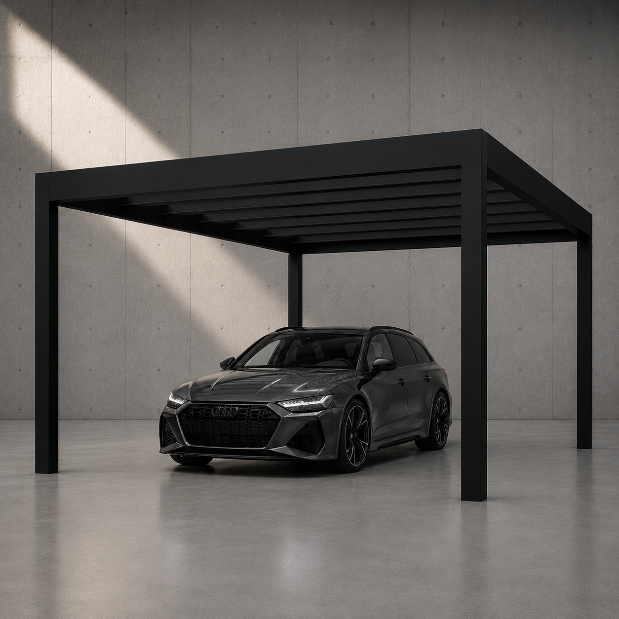 The Rimessa carport in black from the side showing cubic aluminium frame profile