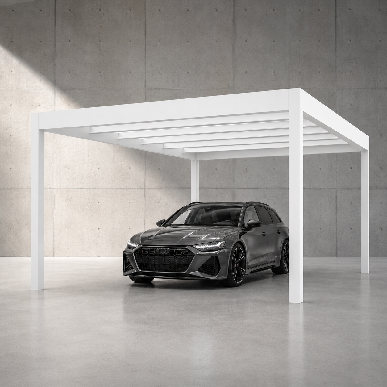 Rimessa carport in white on a light render home driveway, clean profile