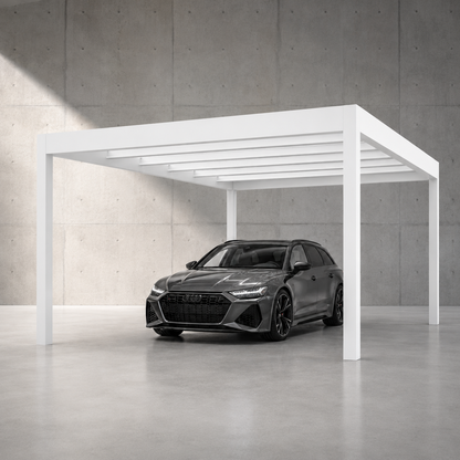 Rimessa carport in white on a light render home driveway, clean profile