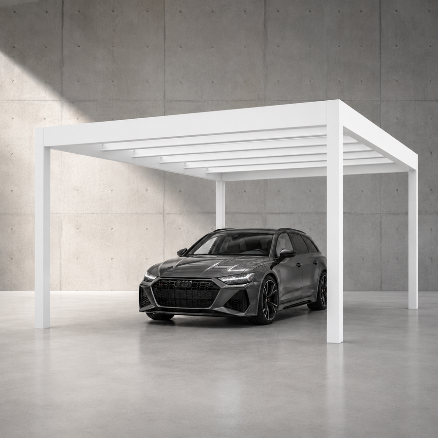 Rimessa carport in white on a light render home driveway, clean profile